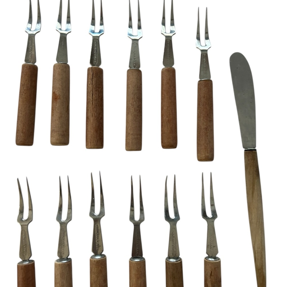 Cocktail  Appetizer Forks And Knife Small Stainless Steel & Wood 15 Pc Vintage - Picture 5 of 15